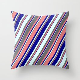 [ Thumbnail: Dim Grey, Light Coral, Dark Blue & Light Cyan Colored Stripes Pattern Throw Pillow ]