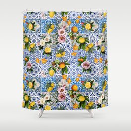 Sicilian dolce vita lemon and flowers tiles pattern Shower Curtain