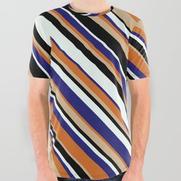 [ Thumbnail: Eyecatching Tan, Black, Mint Cream, Midnight Blue & Chocolate Colored Striped Pattern All Over Graphic Tee ]