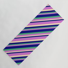 [ Thumbnail: Blue, Sea Green, Orchid, and Beige Colored Striped/Lined Pattern Yoga Mat ]