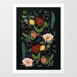 Botanical and Black Pugs Art Print