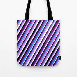 [ Thumbnail: Purple, Blue, Violet, White & Black Colored Stripes Pattern Tote Bag ]