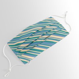 [ Thumbnail: Tan, Teal & Blue Colored Lines/Stripes Pattern Face Mask ]