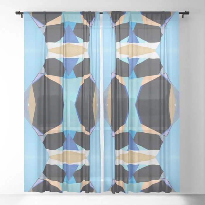 Blue Black Tan Diamond Geometric Pattern Sheer Curtain By