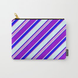 [ Thumbnail: Dark Violet, Plum, Light Cyan & Blue Colored Lined/Striped Pattern Carry-All Pouch ]
