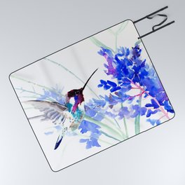 Flying Hummingbird and Blue Flowers Picnic Blanket
