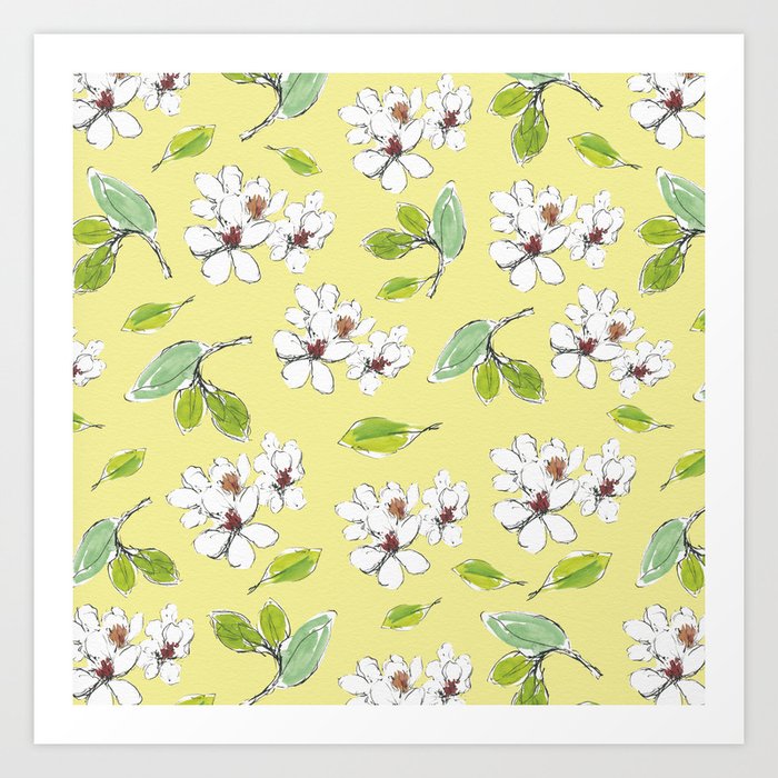 Delicate White Flowers Pattern - Lemon Yellow Background Art Print