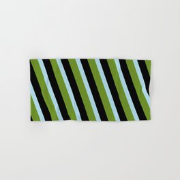 [ Thumbnail: Light Blue, Green & Black Colored Striped/Lined Pattern Hand & Bath Towel ]