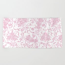 Vintage blush pink white bow floral polka dots Beach Towel
