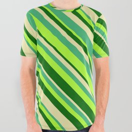 [ Thumbnail: Light Green, Dark Green, Pale Goldenrod & Sea Green Colored Lines Pattern All Over Graphic Tee ]