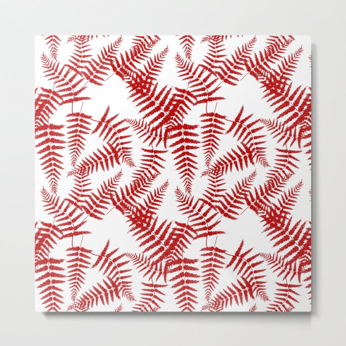 Red Silhouette Fern Leaves Pattern Metal Print