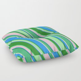 [ Thumbnail: Eye-catching Forest Green, Sea Green, Green, Pink & Blue Colored Lined/Striped Pattern Floor Pillow ]