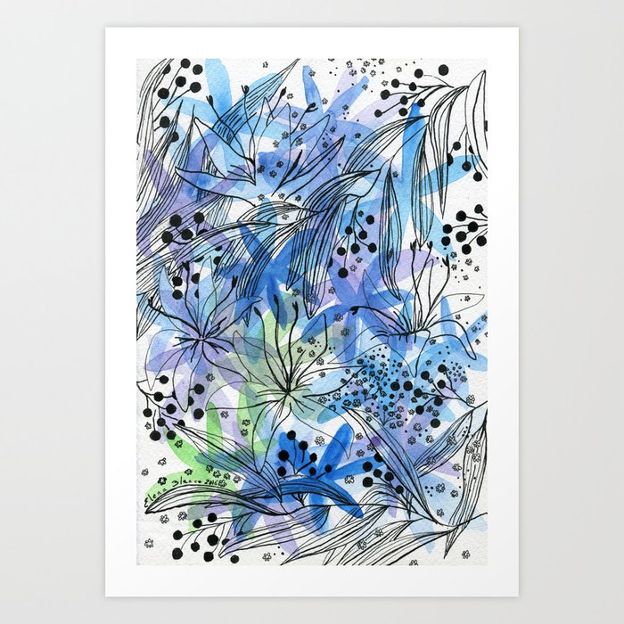 Many flowers -watercolor and ink drawing Art Print