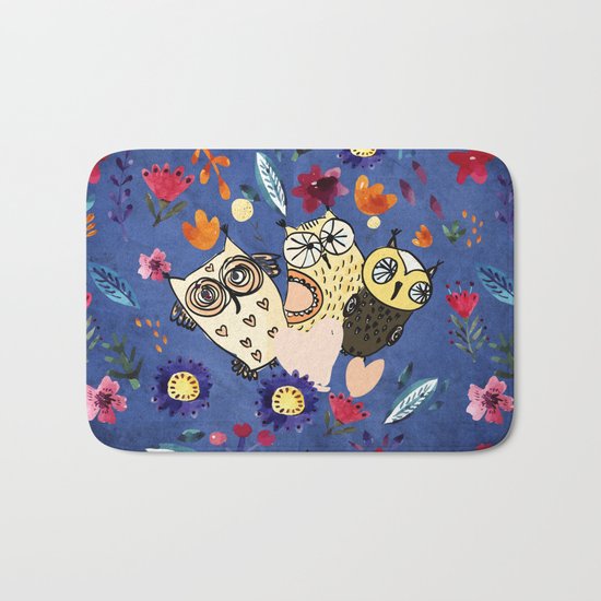 3 Wise Owls in Flower Garden at Night Bath Mat