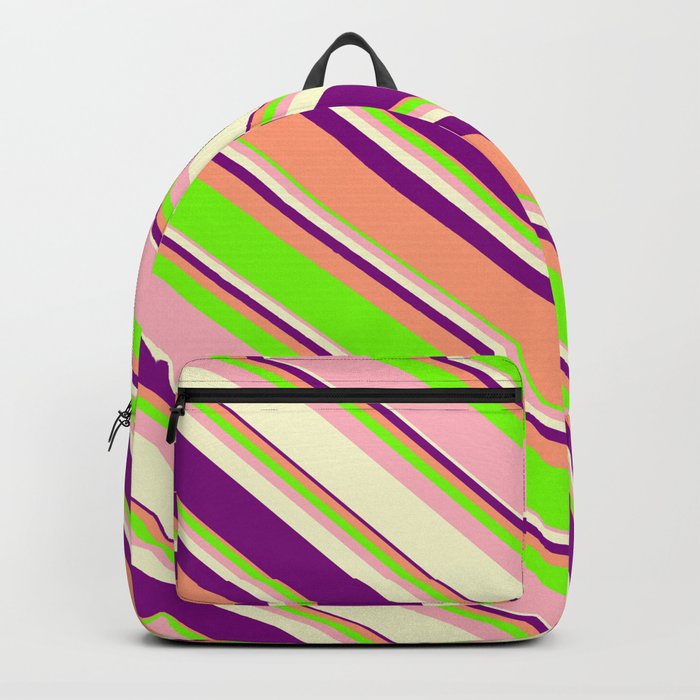 Eye-catching Light Yellow, Purple, Light Salmon, Green & Light Pink Colored Stripes Pattern Backpack