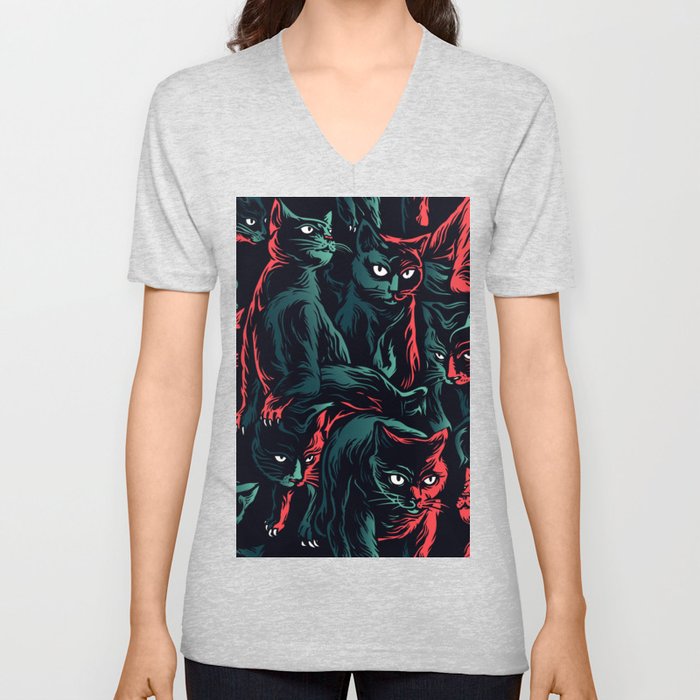 Abstract Black Cat Halloween Seamless Pattern V Neck T Shirt