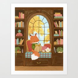 Cozy Autumn Library Fox Art Print