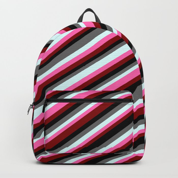 Colorful Dim Gray, Light Cyan, Hot Pink, Maroon & Black Colored Striped/Lined Pattern Backpack