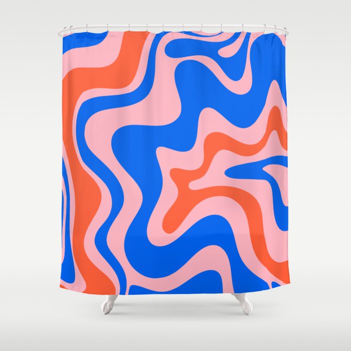 Retro Liquid Swirl Abstract Pattern in Pink, Red-Orange, and Bright Blue Shower Curtain