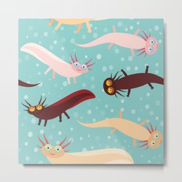 pattern Cute orange pink brown Axolotl Cartoon character on blue background in the aquarium Metal Print | Outlandish, Mexicanum, Nature, Pets, Ajolote, Joyful, Ambystoma, Illustration, Amphibia, Animal 
