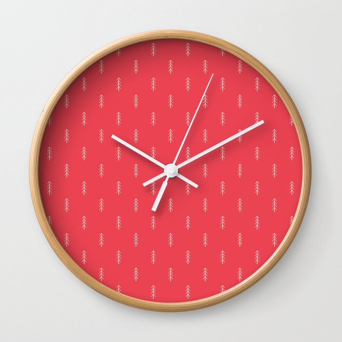 Christmas White Pine Trees Red Background Wall Clock