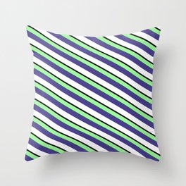 [ Thumbnail: Green, Dark Slate Blue, White & Black Colored Striped Pattern Throw Pillow ]