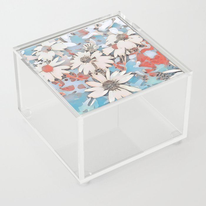 Abstract White Daisies Landscape on Sky Blue Acrylic Box