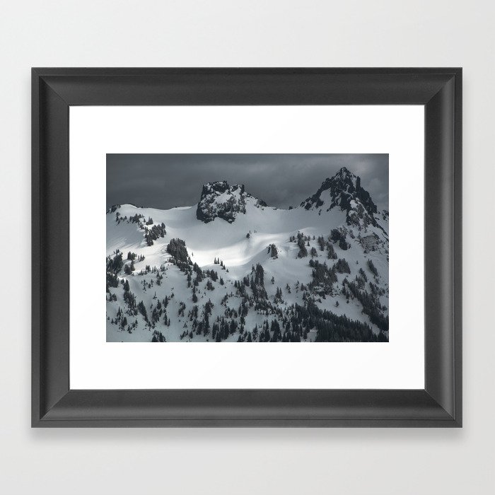 Snowy winter peak of mountains Framed Art Print