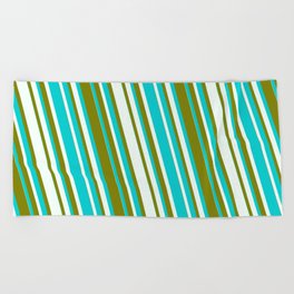 [ Thumbnail: Dark Turquoise, Mint Cream, and Green Colored Striped/Lined Pattern Beach Towel ]