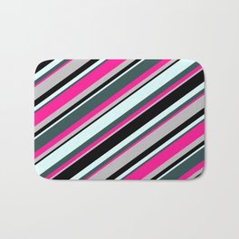 [ Thumbnail: Colorful Light Cyan, Dark Slate Gray, Deep Pink, Grey & Black Colored Lines/Stripes Pattern Bath Mat ]