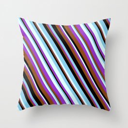 [ Thumbnail: Eyecatching Light Cyan, Dark Orchid, Brown, Black & Sky Blue Colored Stripes/Lines Pattern Throw Pillow ]