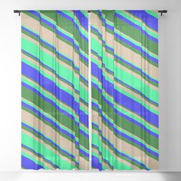 [ Thumbnail: Tan, Green, Blue, and Dark Green Colored Lines/Stripes Pattern Sheer Curtain ]