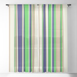 [ Thumbnail: Midnight Blue, Lime Green, Tan & Beige Colored Stripes/Lines Pattern Sheer Curtain ]