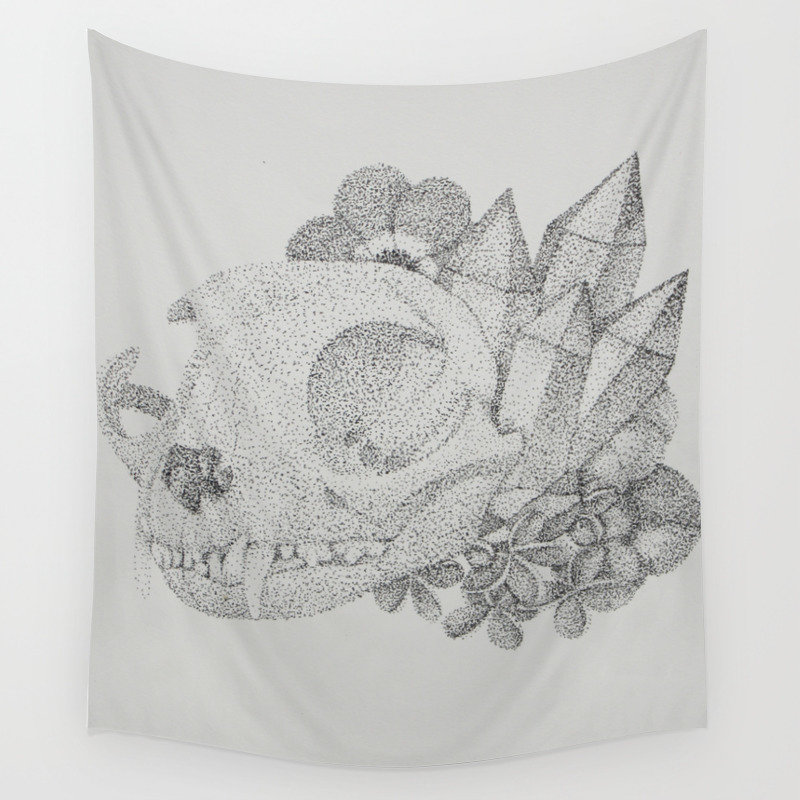 Cat Skull Pointillism Drawing Wall Tapestry By