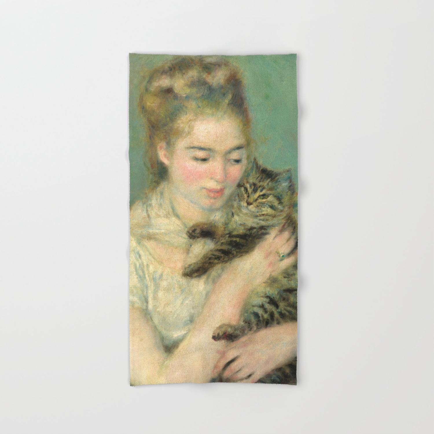 Woman With A Cat Oil Painting By Auguste Renoir Hand Bath Towel