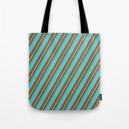 [ Thumbnail: Turquoise and Sienna Colored Lines Pattern Tote Bag ]