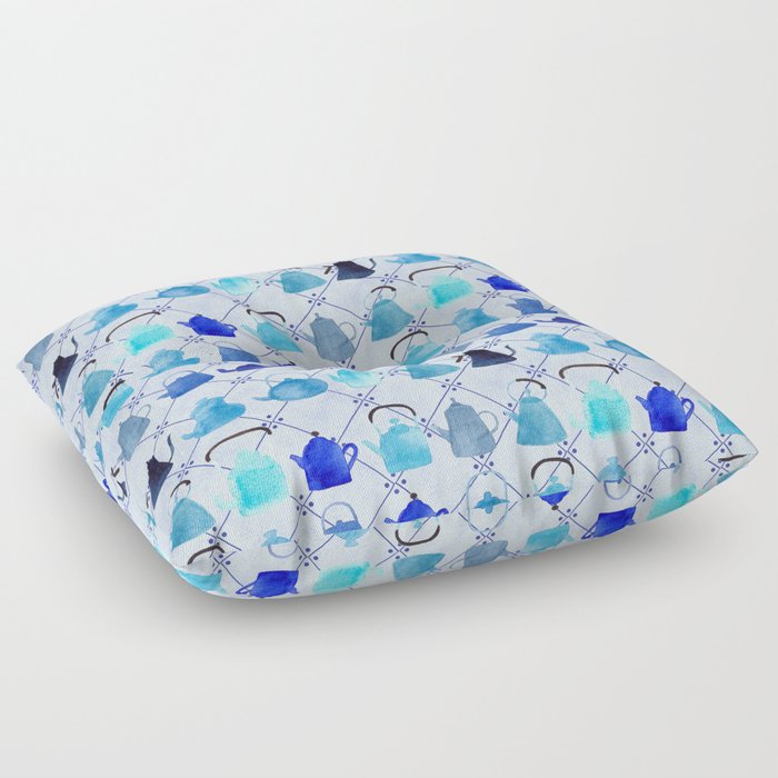 Blue Teapots Pattern Hand-painted in Watercolour/Blue Background Floor Pillow
