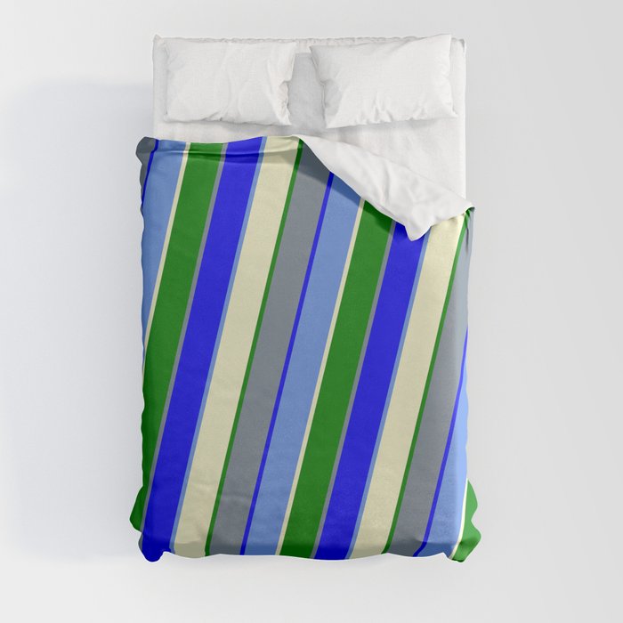 Light Slate Gray, Blue, Cornflower Blue, Light Yellow, and Green Colored Lined/Striped Pattern Duvet Cover
