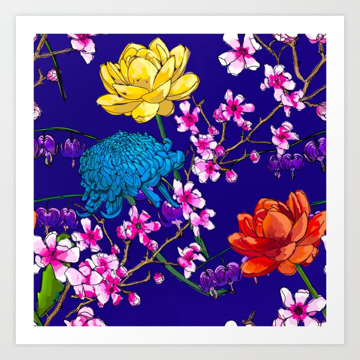 Royal Blue Asian Floral Fusion Art Print
