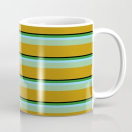 [ Thumbnail: Vibrant Black, Forest Green, Light Sky Blue, Dark Sea Green & Dark Goldenrod Colored Stripes Pattern Coffee Mug ]
