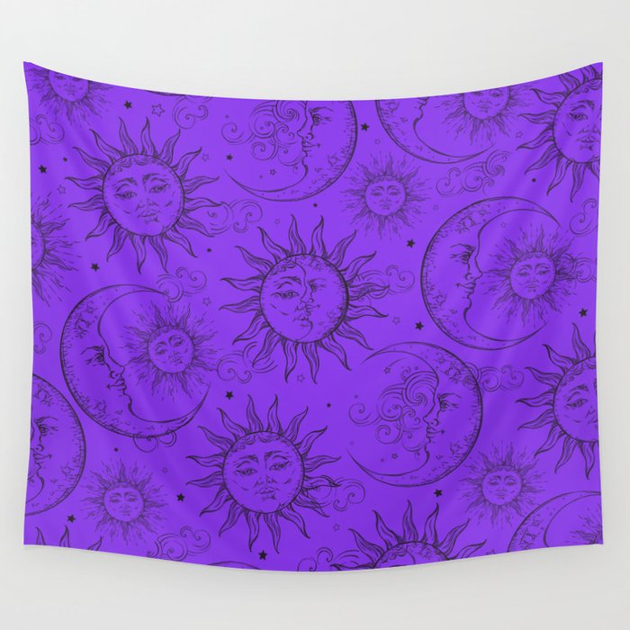 Purple Magic Celestial Sun Moon Stars Wall Tapestry