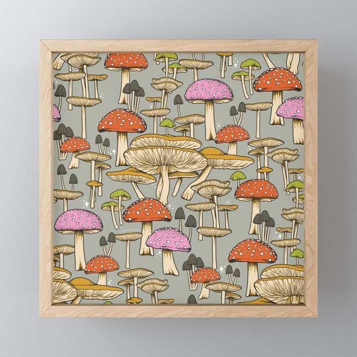 Magical Forest Mushrooms - Retro Gray Framed Mini Art Print