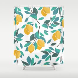 Abstract citrus seamless pattern with leaves and lemon fruits. Colorful summer background. Hand-drawn style illustration. Shower Curtain