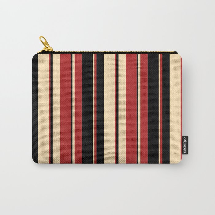 Beige, Red, and Black Colored Striped Pattern Carry-All Pouch