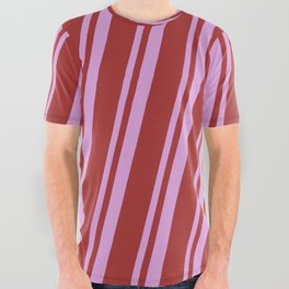 [ Thumbnail: Plum & Brown Colored Striped/Lined Pattern All Over Graphic Tee ]