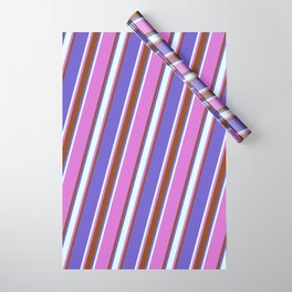 [ Thumbnail: Orchid, Brown, Slate Blue, and Light Cyan Colored Stripes Pattern Wrapping Paper ]
