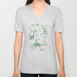 Folk Floral Dinosaur V Neck T Shirt