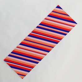 [ Thumbnail: Pink, Coral, Red, and Dark Blue Colored Pattern of Stripes Yoga Mat ]