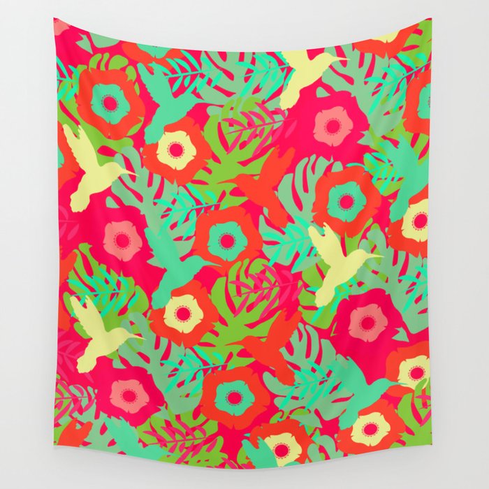 Tropical pattern with hummingbirds Wall Tapestry