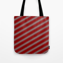 [ Thumbnail: Dark Red and Gray Colored Pattern of Stripes Tote Bag ]